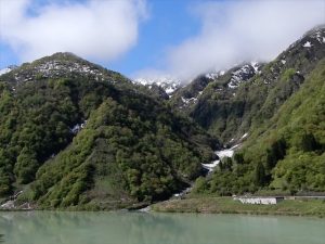 山の残雪と新緑