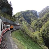 新緑の山々とトロッコ電車