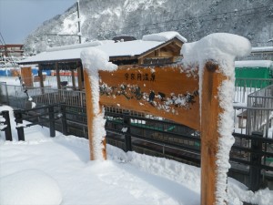 看板に着いた雪